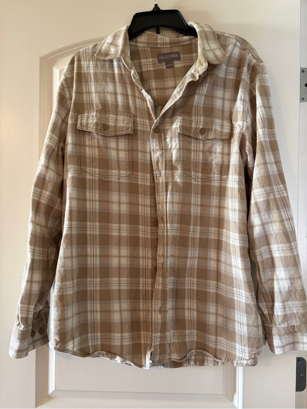 Falls Creek Men's Tan and White Plaid Button-Down Shirt